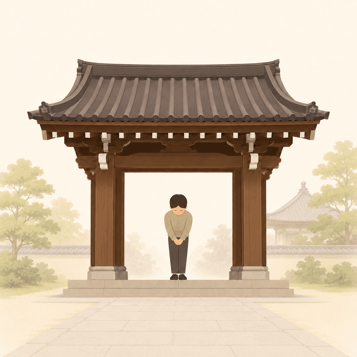 山門の前で一礼してからくぐる