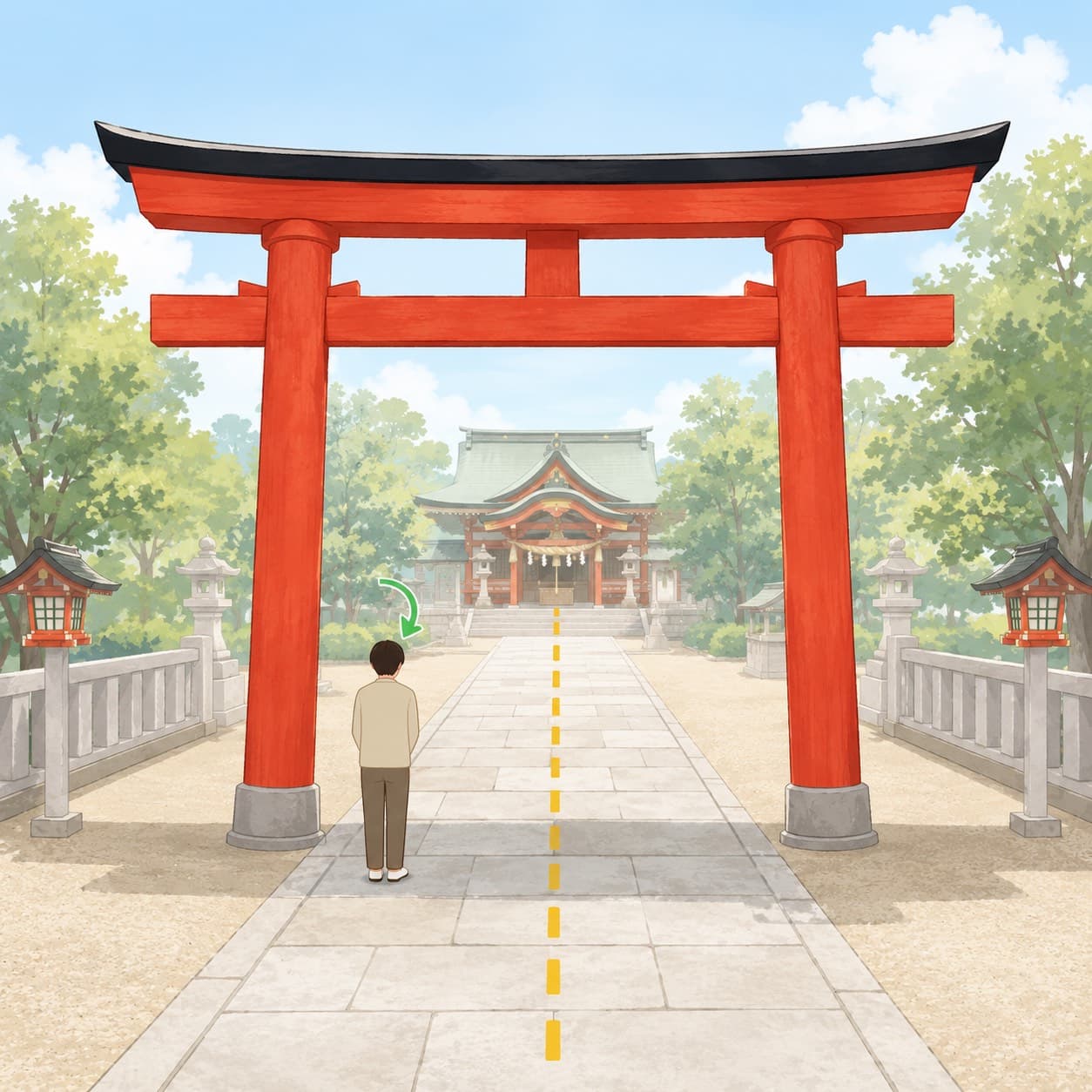 鳥居をくぐる前に一礼し、中央を避けて歩く